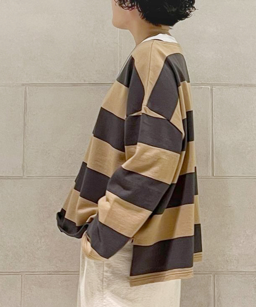 JOURNAL STANDARD LUXE（ジャーナルスタンダード　ラックス）の「ボーダーワイドプル（Tシャツ/カットソー・レディース・ネイビー/チャコールグレー・FREE）」の4枚目の写真