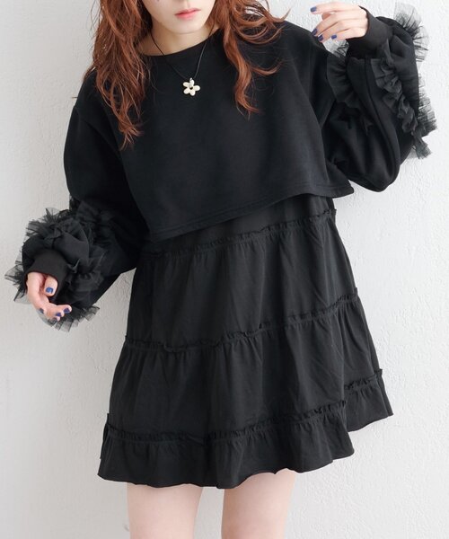 チュールスリーブスウェットワンピース（ワンピース）｜w closet