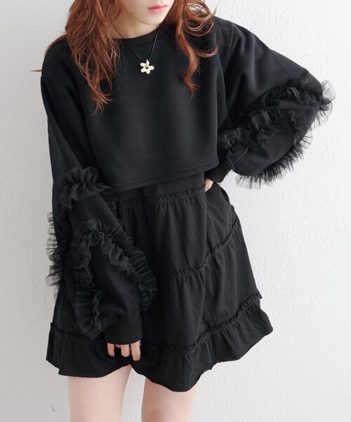w closet(ダブルクローゼット)の「【リバイバル/4色展開】チュールフリルスウェットワンピース《WEB限定》(ワンピース・レディース・ブラック/パープル/グレー/アイボリー・FREE)」の19枚目の写真