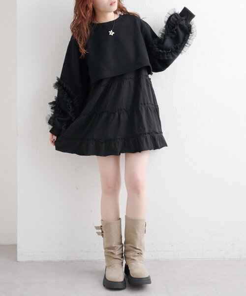 チュールスリーブスウェットワンピース（ワンピース）｜w closet