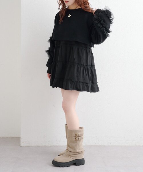 チュールスリーブスウェットワンピース チュールスリーブスウェットワンピース（ワンピース）｜w closet