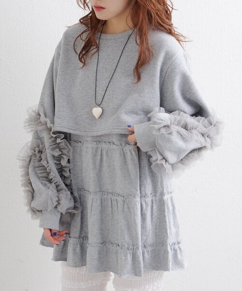 w closet（ダブルクローゼット）の「チュールスリーブスウェットワンピース（ワンピース・レディース・ブラック/パープル/グレー/アイボリー・FREE）」の15枚目の写真