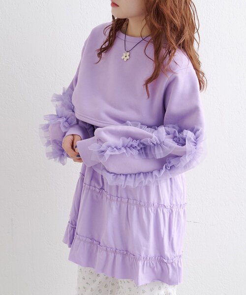 w closet（ダブルクローゼット）の「チュールスリーブスウェットワンピース（ワンピース・レディース・ブラック/パープル/グレー/アイボリー・FREE）」の5枚目の写真