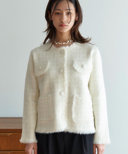 My shawty(マイシャウティー)の「classic knit jacket(ノーカラージャケット・レディース・ブラック/ライトブルー/アイボリー・FREE)」の2枚目の写真