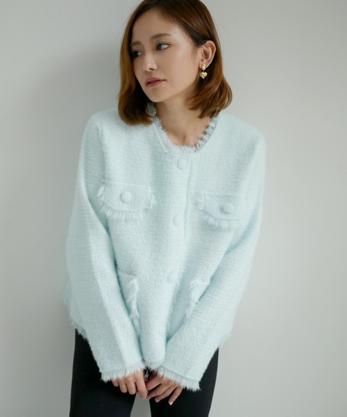 My shawty(マイシャウティー)の「classic knit jacket(ノーカラージャケット・レディース・ブラック/ライトブルー/アイボリー・FREE)」の1枚目の写真