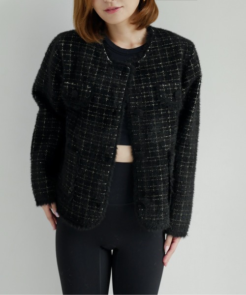 My shawty(マイシャウティー)の「classic knit jacket(ノーカラージャケット・レディース・ブラック/ライトブルー/アイボリー・FREE)」の3枚目の写真