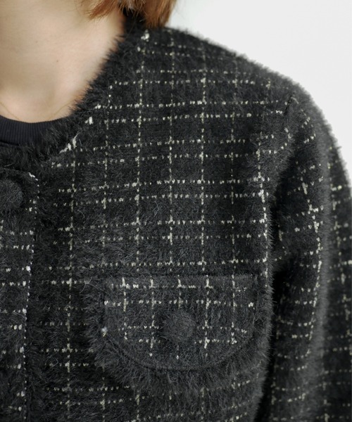 My shawty(マイシャウティー)の「classic knit jacket(ノーカラージャケット・レディース・ブラック/ライトブルー/アイボリー・FREE)」の7枚目の写真