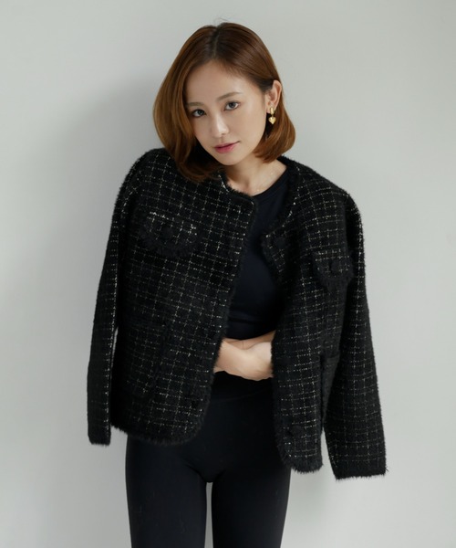 My shawty(マイシャウティー)の「classic knit jacket(ノーカラージャケット・レディース・ブラック/ライトブルー/アイボリー・FREE)」の9枚目の写真