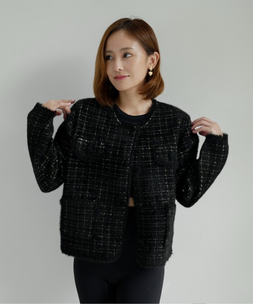 My shawty(マイシャウティー)の「classic knit jacket(ノーカラージャケット・レディース・ブラック/ライトブルー/アイボリー・FREE)」の11枚目の写真