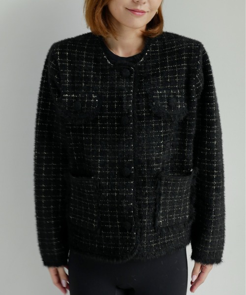 My shawty(マイシャウティー)の「classic knit jacket(ノーカラージャケット・レディース・ブラック/ライトブルー/アイボリー・FREE)」の4枚目の写真