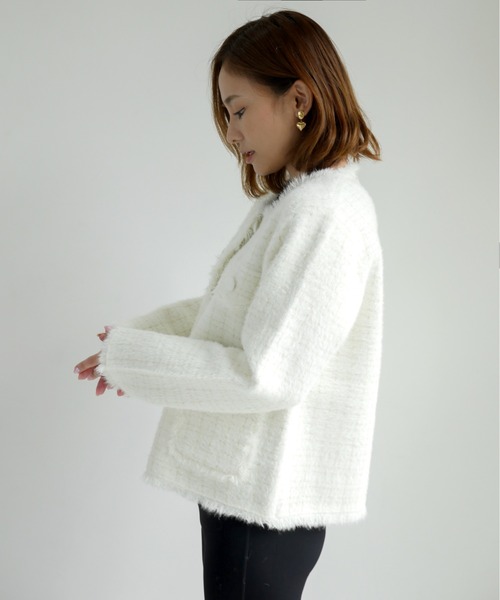 My shawty(マイシャウティー)の「classic knit jacket(ノーカラージャケット・レディース・ブラック/ライトブルー/アイボリー・FREE)」の14枚目の写真