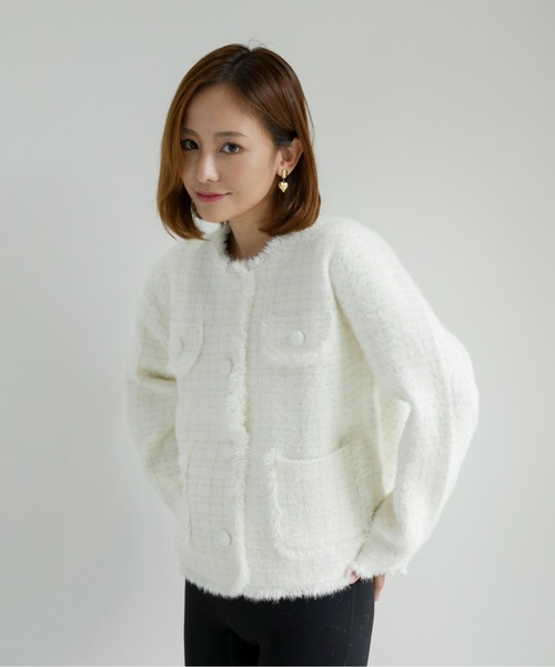 My shawty(マイシャウティー)の「classic knit jacket(ノーカラージャケット・レディース・ブラック/ライトブルー/アイボリー・FREE)」の15枚目の写真