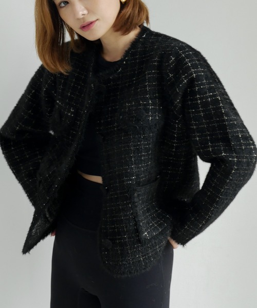 My shawty(マイシャウティー)の「classic knit jacket(ノーカラージャケット・レディース・ブラック/ライトブルー/アイボリー・FREE)」の12枚目の写真