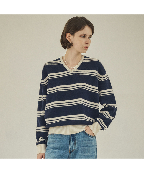VANONE ATELIER(バノンアトリエ)の「KN4253 ウールストライプニット_Navy(ニット/セーター・レディース・ネイビー・FREE)」の1枚目の写真