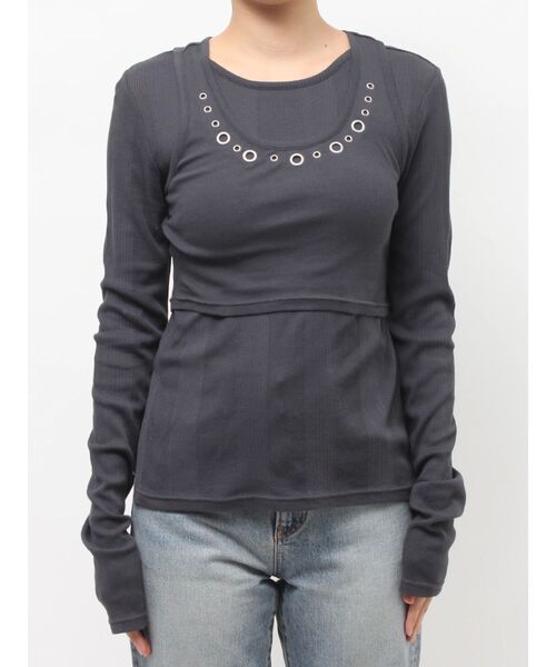 Ungrid(アングリッド)の「ハトメデザインレイヤードロングスリーブTee(Tシャツ/カットソー・レディース・チャコールグレー/オフホワイト・FREE)」の18枚目の写真