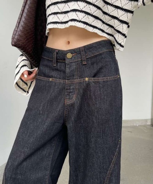 Teem Store(チームストア)の「ローウエストワイドステッチデニムパンツ ワイドデニム 美脚効果(デニムパンツ・レディース・チャコール・L/M)」の6枚目の写真