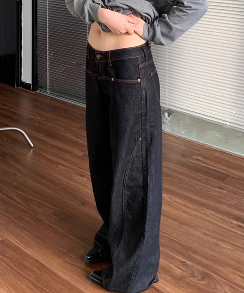 Teem Store(チームストア)の「ローウエストワイドステッチデニムパンツ ワイドデニム 美脚効果(デニムパンツ・レディース・チャコール・L/M)」の2枚目の写真