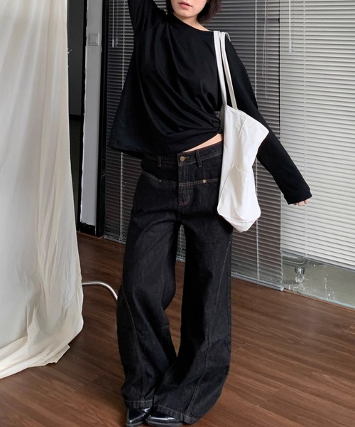 Teem Store(チームストア)の「ローウエストワイドステッチデニムパンツ ワイドデニム 美脚効果(デニムパンツ・レディース・チャコール・L/M)」の5枚目の写真