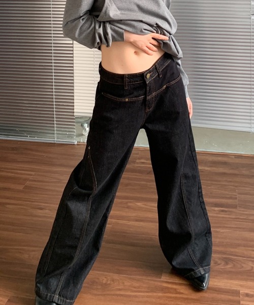 Teem Store(チームストア)の「ローウエストワイドステッチデニムパンツ ワイドデニム 美脚効果(デニムパンツ・レディース・チャコール・L/M)」の3枚目の写真