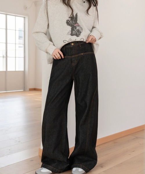 Teem Store(チームストア)の「ローウエストワイドステッチデニムパンツ ワイドデニム 美脚効果(デニムパンツ・レディース・チャコール・L/M)」の10枚目の写真