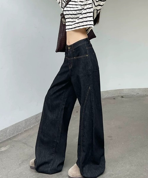 Teem Store(チームストア)の「ローウエストワイドステッチデニムパンツ ワイドデニム 美脚効果(デニムパンツ・レディース・チャコール・L/M)」の8枚目の写真