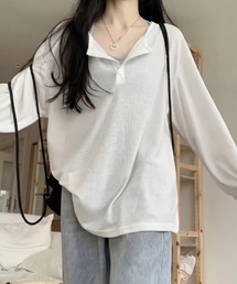 オーバーサイズヘンリーネックゆるロングTシャツ/冷房対策