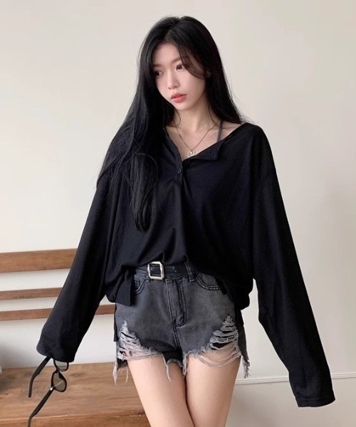 yuue' ( wear )(ユーイ)の「オーバーサイズヘンリーネックゆるロングTシャツ(Tシャツ/カットソー・レディース・ホワイト/ブラック/グレー・FREE)」の19枚目の写真