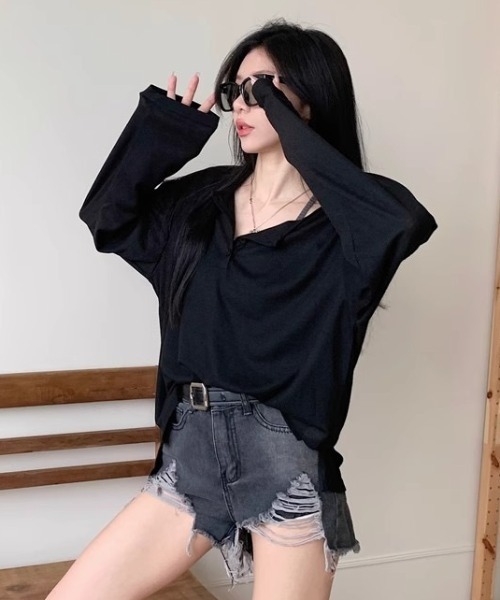 yuue' ( wear )(ユーイ)の「オーバーサイズヘンリーネックゆるロングTシャツ(Tシャツ/カットソー・レディース・ホワイト/ブラック/グレー・FREE)」の17枚目の写真