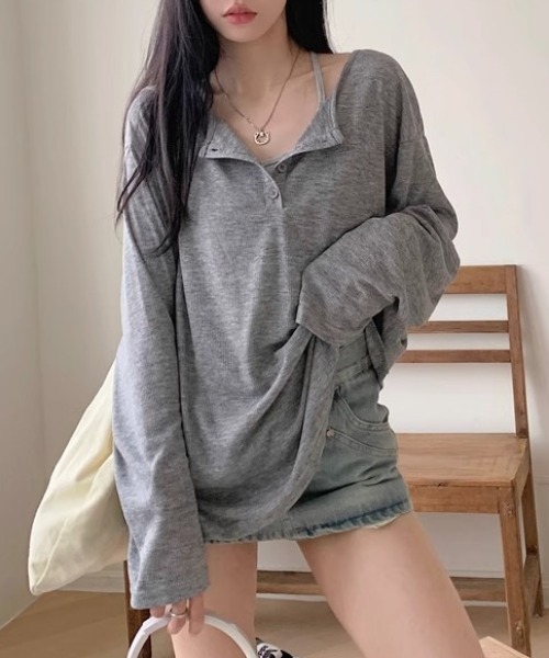 yuue' ( wear )(ユーイ)の「オーバーサイズヘンリーネックゆるロングTシャツ(Tシャツ/カットソー・レディース・ホワイト/ブラック/グレー・FREE)」の8枚目の写真