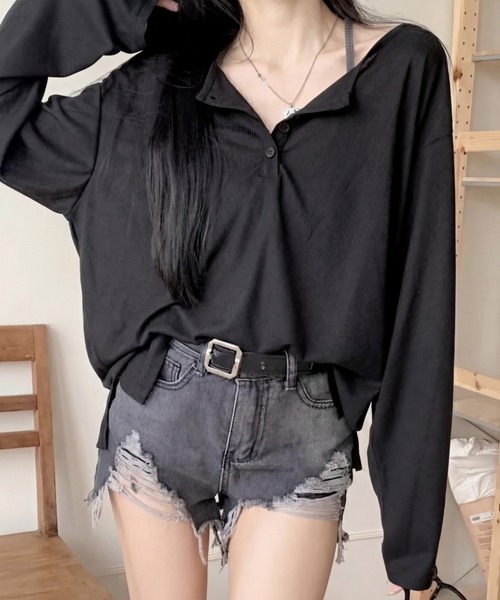 yuue' ( wear )(ユーイ)の「オーバーサイズヘンリーネックゆるロングTシャツ(Tシャツ/カットソー・レディース・ホワイト/ブラック/グレー・FREE)」の18枚目の写真