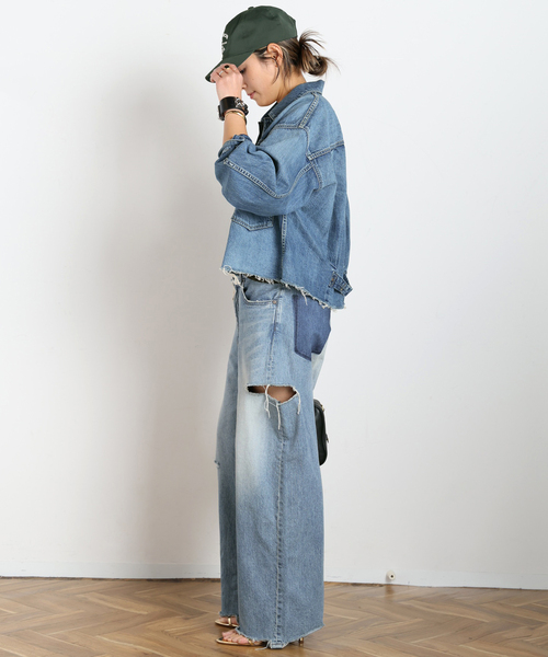 Attick by Johnbull（アティックバイジョンブル）の「【Attick by Johnbull/アティック バイ ジョンブル】ダメージワイドデニム（デニムパンツ・レディース・ブルー・38/36/34/40）」の6枚目の写真
