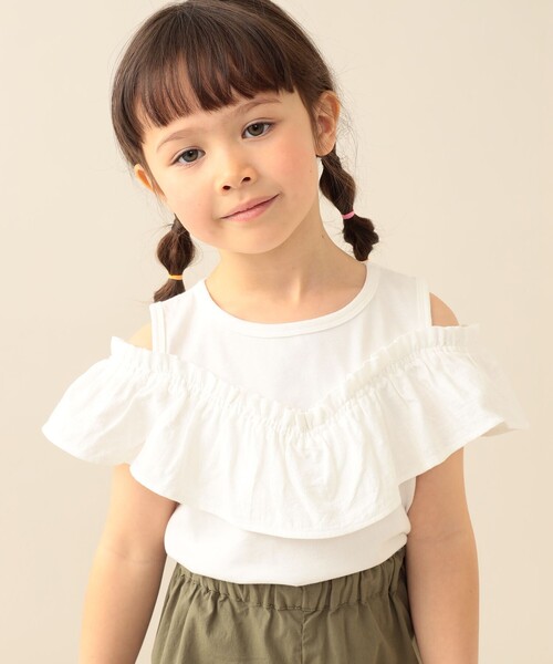BEAMS mini(ビームスミニ)の「【WEB限定】フリル オフショル Tシャツ 2026SS(90~140cm)通学 定番 プチプラ キッズ(Tシャツ/カットソー・キッズ・ネイビー/オフホワイト・100/110/120/130/140/90)」の1枚目の写真