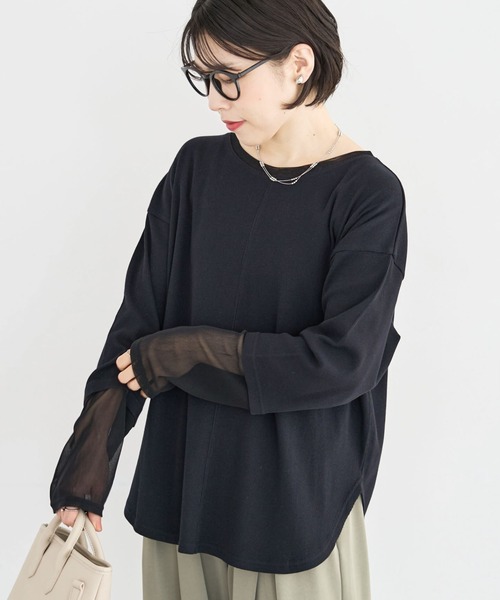 Green Parks(グリーンパークス)の「袖チュールリブプルオーバー(Tシャツ/カットソー・レディース・オレンジ/その他7/ブラック/アイボリー・FREE)」の1枚目の写真