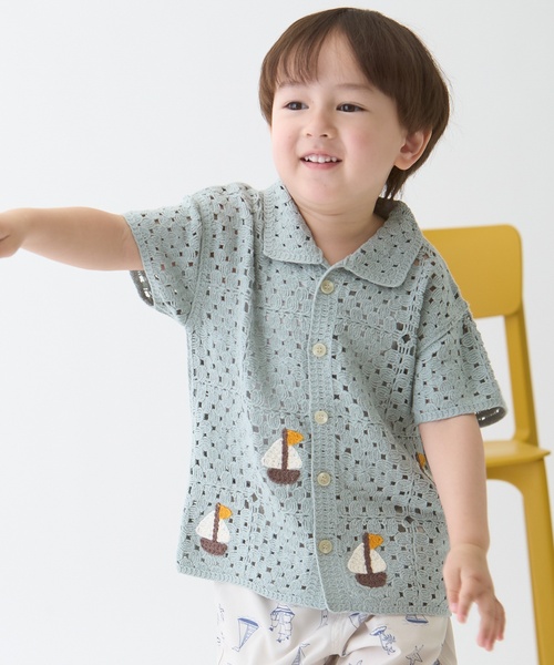 petit main(プティマイン)の「クロシェ開衿シャツ(シャツ/ブラウス・キッズ・エメラルド/ホワイト系・L/M/S)」の2枚目の写真