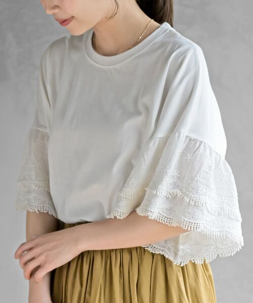 rps(アールピーエス)の「刺繍レーススリーブ切替カットT(Tシャツ/カットソー・レディース・オフホワイト/ブラック・フリー)」の1枚目の写真