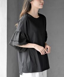 刺繍レーススリーブ切替カットT
