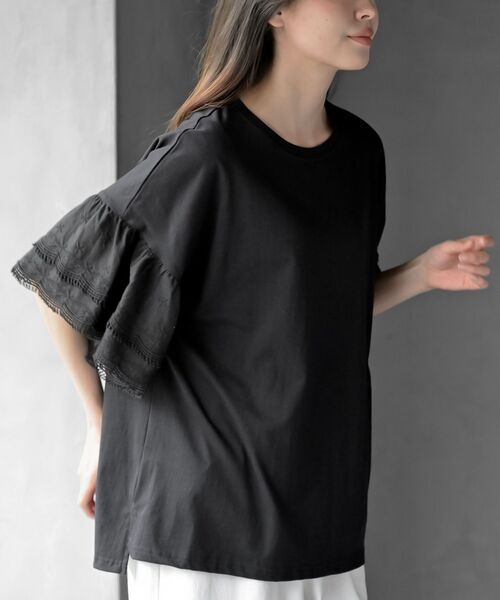 rps(アールピーエス)の「刺繍レーススリーブ切替カットT(Tシャツ/カットソー・レディース・オフホワイト/ブラック・フリー)」の18枚目の写真