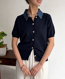 デニム切替半袖ニットシャツ