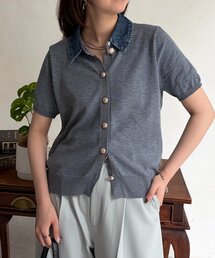 デニム切替半袖ニットシャツ