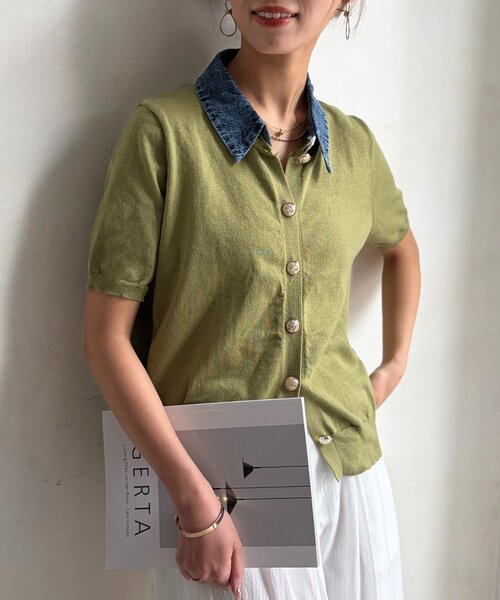 Chez toi（シェトワ）の「デニム切替半袖ニットシャツ（シャツ/ブラウス・レディース・グレー/ネイビー/アイボリー/グリーン・FREE）」の4枚目の写真