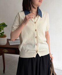 デニム切替半袖ニットシャツ