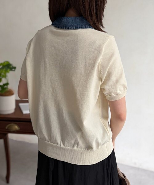 Chez toi（シェトワ）の「デニム切替半袖ニットシャツ（シャツ/ブラウス・レディース・グレー/ネイビー/アイボリー/グリーン・FREE）」の8枚目の写真
