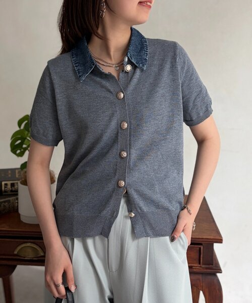 Chez toi（シェトワ）の「デニム切替半袖ニットシャツ（シャツ/ブラウス・レディース・グレー/ネイビー/アイボリー/グリーン・FREE）」の13枚目の写真
