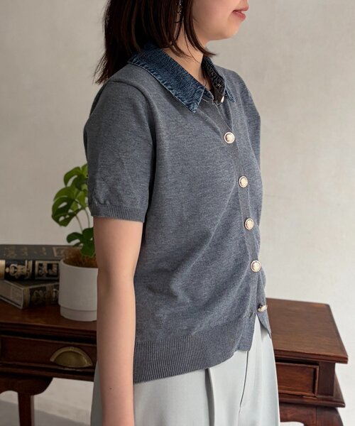 Chez toi（シェトワ）の「デニム切替半袖ニットシャツ（シャツ/ブラウス・レディース・グレー/ネイビー/アイボリー/グリーン・FREE）」の15枚目の写真