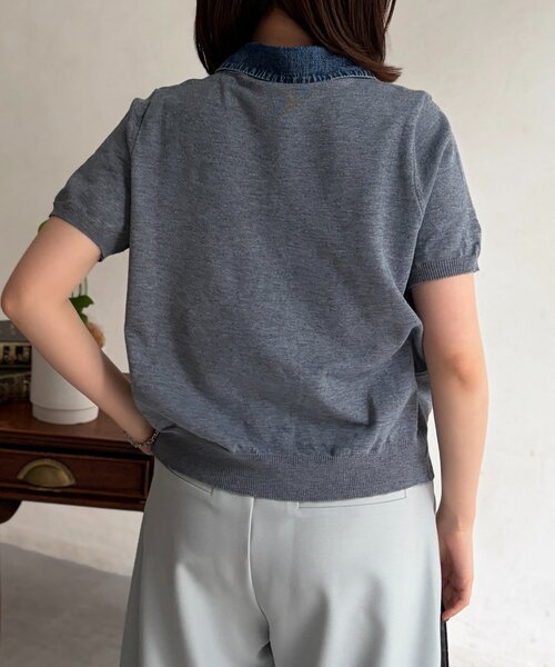 Chez toi（シェトワ）の「デニム切替半袖ニットシャツ（シャツ/ブラウス・レディース・グレー/ネイビー/アイボリー/グリーン・FREE）」の16枚目の写真