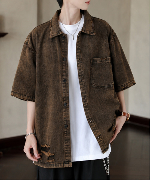 neos(ネオス)の「【neos】ピグメント加工 ダメージ デニムシャツ 半袖 メンズ レディース ビッグシルエット オーバーサイズ ヴィンテージライク ケミカルウォッシュ(シャツ/ブラウス・メンズ・パープル/ブラウン/ブラック/ブルー・X-LARGE/LARGE/MEDIUM)」の3枚目の写真