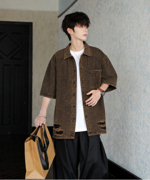 neos(ネオス)の「【neos】ピグメント加工 ダメージ デニムシャツ 半袖 メンズ レディース ビッグシルエット オーバーサイズ ヴィンテージライク ケミカルウォッシュ(シャツ/ブラウス・メンズ・パープル/ブラウン/ブラック/ブルー・X-LARGE/LARGE/MEDIUM)」の18枚目の写真