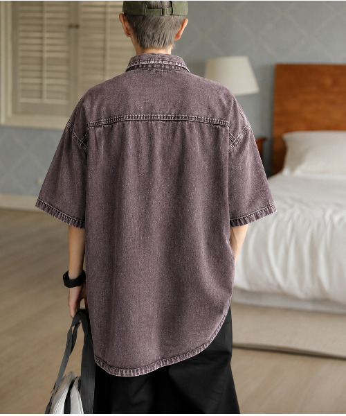 neos(ネオス)の「【neos】ピグメント加工 ダメージ デニムシャツ 半袖 メンズ レディース ビッグシルエット オーバーサイズ ヴィンテージライク ケミカルウォッシュ(シャツ/ブラウス・メンズ・パープル/ブラウン/ブラック/ブルー・X-LARGE/LARGE/MEDIUM)」の9枚目の写真