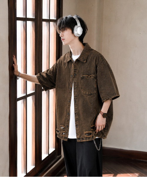 neos(ネオス)の「【neos】ピグメント加工 ダメージ デニムシャツ 半袖 メンズ レディース ビッグシルエット オーバーサイズ ヴィンテージライク ケミカルウォッシュ(シャツ/ブラウス・メンズ・パープル/ブラウン/ブラック/ブルー・X-LARGE/LARGE/MEDIUM)」の21枚目の写真