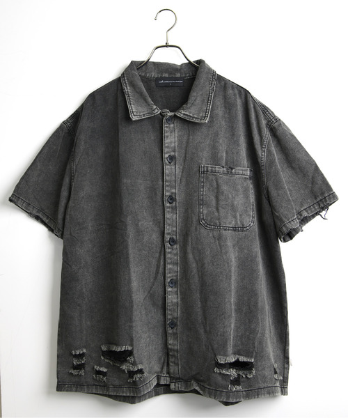 neos(ネオス)の「【neos】ピグメント加工 ダメージ デニムシャツ 半袖 メンズ レディース ビッグシルエット オーバーサイズ ヴィンテージライク ケミカルウォッシュ(シャツ/ブラウス・メンズ・パープル/ブラウン/ブラック/ブルー・X-LARGE/LARGE/MEDIUM)」の11枚目の写真